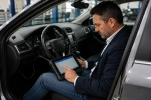 Perito de automóviles realizando una diagnosis electrónica profesional con equipo de diagnosis conectado al vehículo para detectar averías y verificar el estado de los sistemas electrónicos.