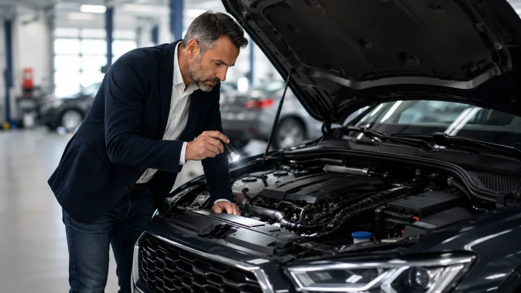 Perito de automóviles inspeccionando el vano motor de un coche de segunda mano para detectar posibles vicios ocultos antes de la compra.